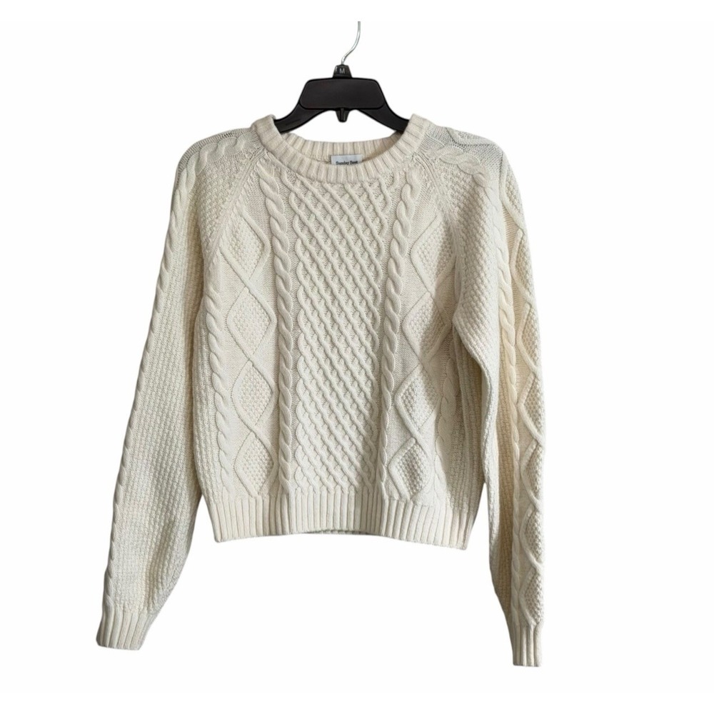 Sunday Best Aritzia Sweater Small Ivory Cable-Knit Crew Neck Pullover Wool Blend